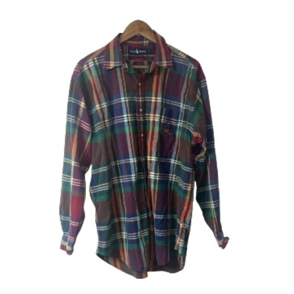 Ralph Lauren Plaid Shirt Mens Large Red Blue Green Long Sleeve Golf Crest Logo